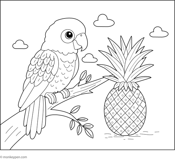 Pineapple with a parrot colouring page, free printable for children.
