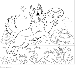 Colouring page of a playful German Shepherd catching a frisbee, ideal for kids to colour fun dog activities