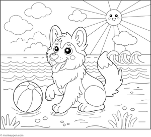 Colouring page of a German Shepherd playing on the sandy beach, ideal for kids to colour dogs and seaside fun.