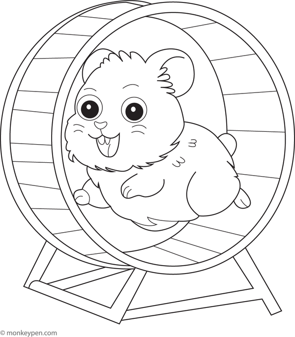 Printable colouring sheet of a hamster running inside a hamster wheel, suitable for children