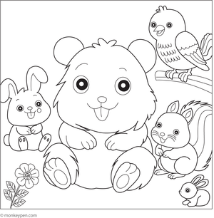 Illustration of a smiling hamster with its animal friends, suitable for group or social activity resources.