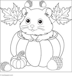 Illustration of a hamster sitting inside a pumpkin, suitable for seasonal or educational content