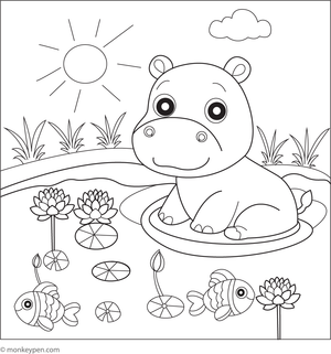 Printable colouring page of a cheerful hippo enjoying a splash in a river, suitable for children.