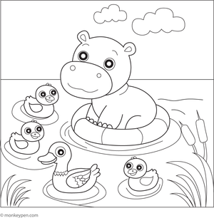 Printable colouring page of a hippo swimming with ducks on a tranquil water surface.