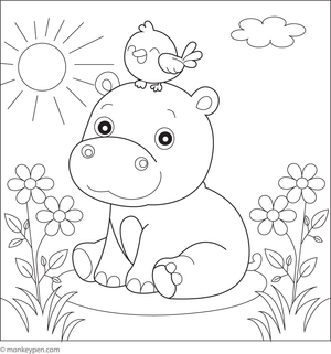 Printable colouring page of a hippo with a small bird perched nearby