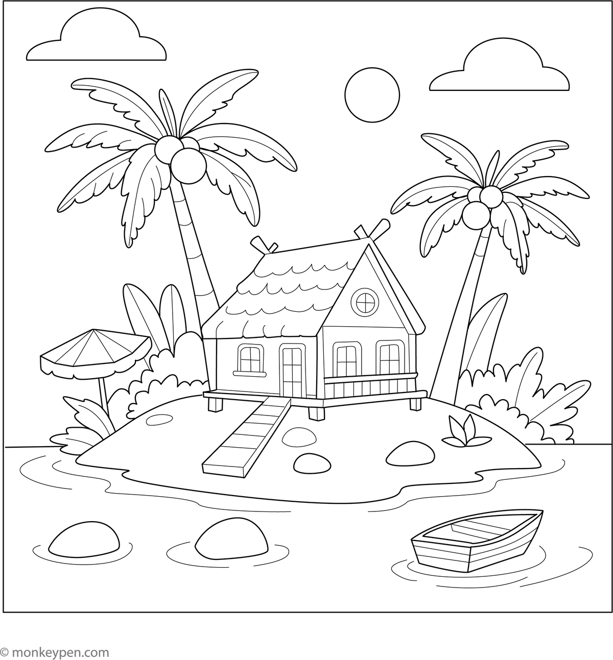 Free Island Resort Coloring Page – Printable PDF for Kids