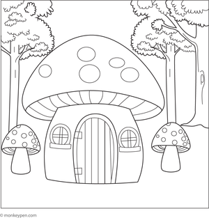 Printable coloring page featuring a fairy mushroom house within an enchanted forest, suitable for children. 
