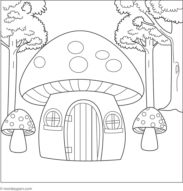 Printable coloring page featuring a fairy mushroom house within an enchanted forest, suitable for children. 