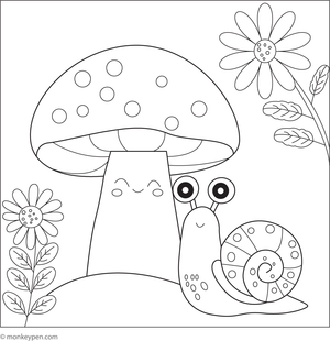 Free printable coloring page of a mushroom with a cheerful snail, suitable for children.