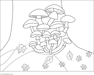 Printable coloring page of mushrooms on a tree trunk for children