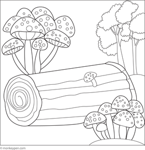 Printable coloring page of mushrooms growing by a wooden log in a forest setting suitable for children
