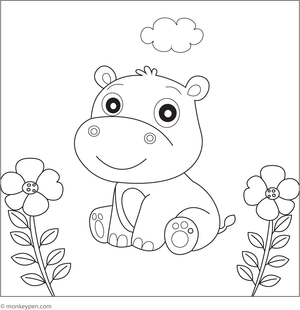 Printable coloring page of a happy hippo with a big smile, suitable for classroom activities