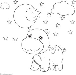Free printable coloring page of a hippo peacefully standing under moonlight, suitable for calming activities