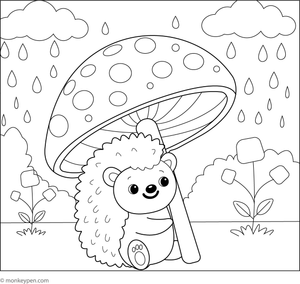 A hedgehog seated beneath a large mushroom acting as an umbrella, prepared for children's coloring