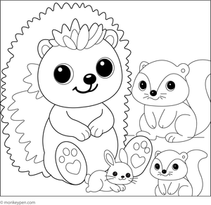 A hedgehog playing with forest friends such as rabbits and birds in a woodland setting for coloring