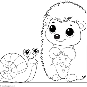 A hedgehog looking with curiosity at a crawling snail nearby, suitable for children's coloring