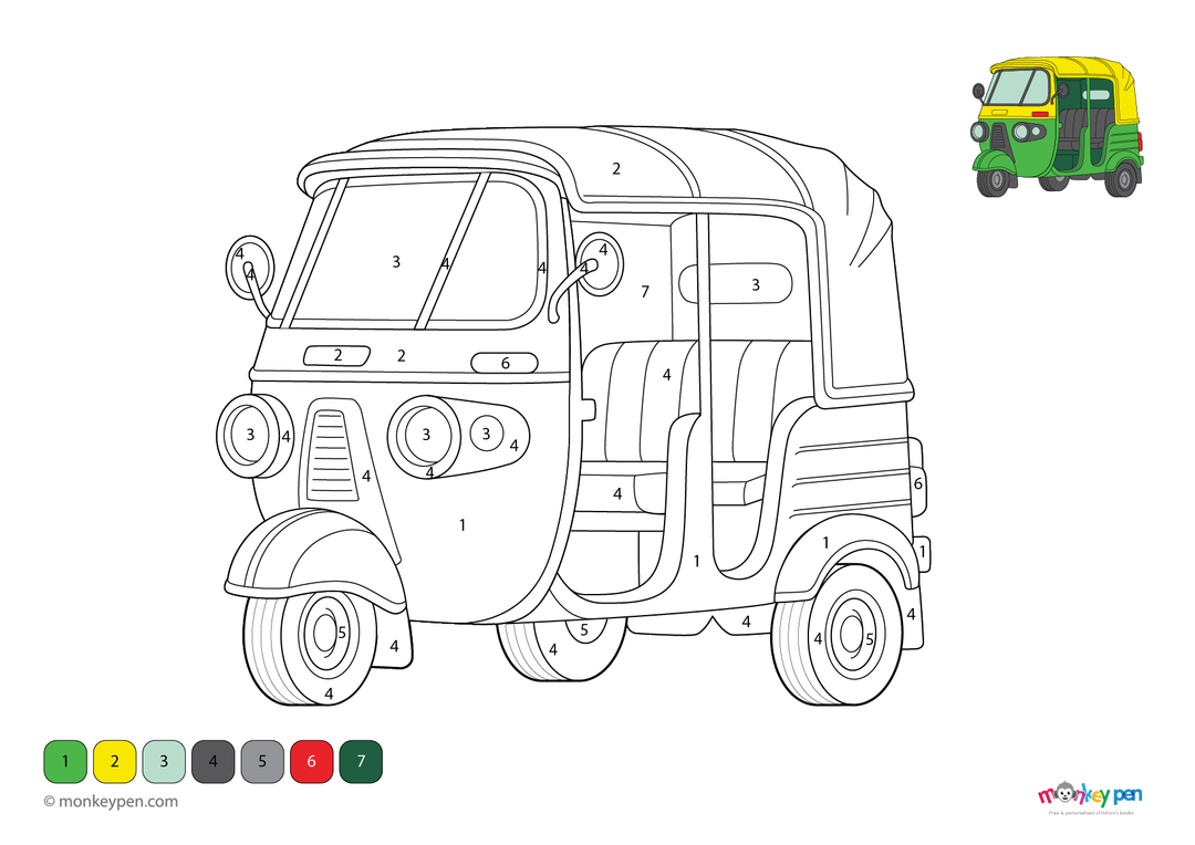 Autorickshaw Color by Number PDF – Easy Coloring Page Download
