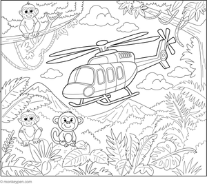 Helicopter flying over a jungle filled with animals and trees, ready to be colored.