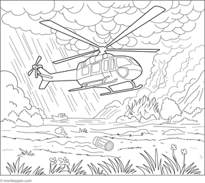 Helicopter flying through a stormy sky with dark clouds and lightning