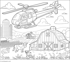 Helicopter flying above a farm with fields, barns, and animals, ready to be coloured