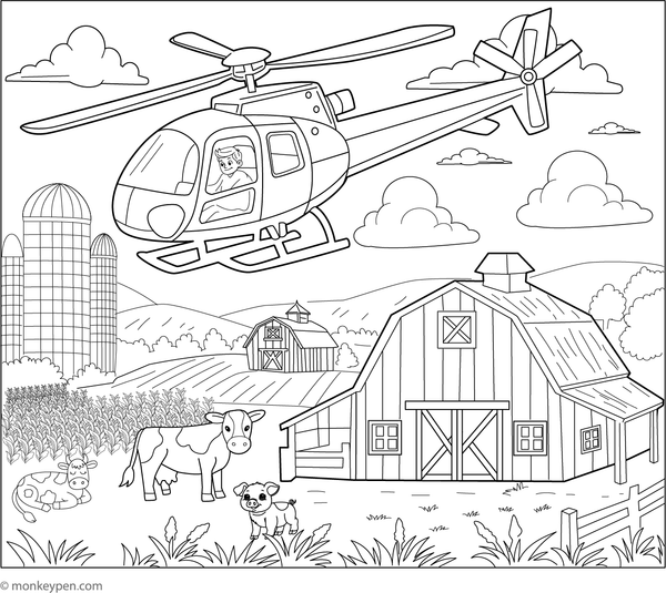 Helicopter flying above a farm with fields, barns, and animals, ready to be coloured