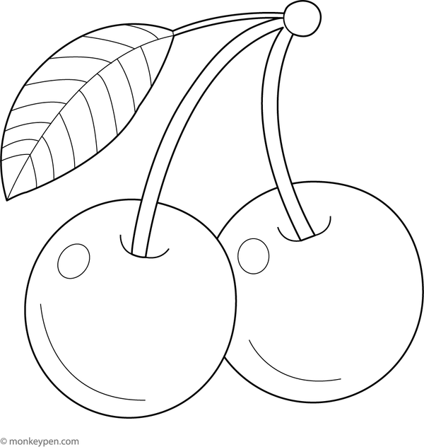 Cherries colouring page featuring two cherries with leaves on a stem for children to colour