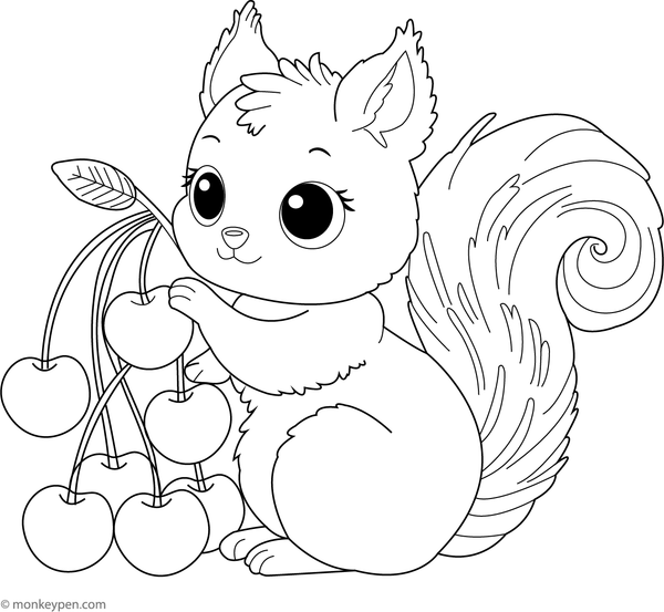 Cherries with a squirrel colouring page showing the squirrel holding bunch of cherries, for children to colour.
