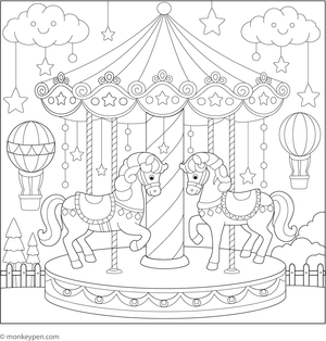 Printable coloring page of a carousel featuring decorated horses and ornamental details, suitable for children.