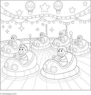  Printable coloring page of bumper cars with children enjoying the ride, suitable for children’s coloring activities.