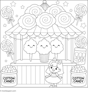  Printable coloring page of a cotton candy stall with fluffy treats at an amusement park scene.