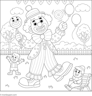  Printable coloring page of a clown entertaining visitors at an amusement park, suitable for children.