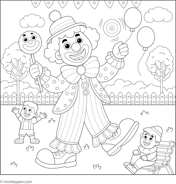  Printable coloring page of a clown entertaining visitors at an amusement park, suitable for children.