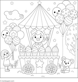  Printable coloring page of a balloon stand with colorful balloons at an amusement park, suitable for children.