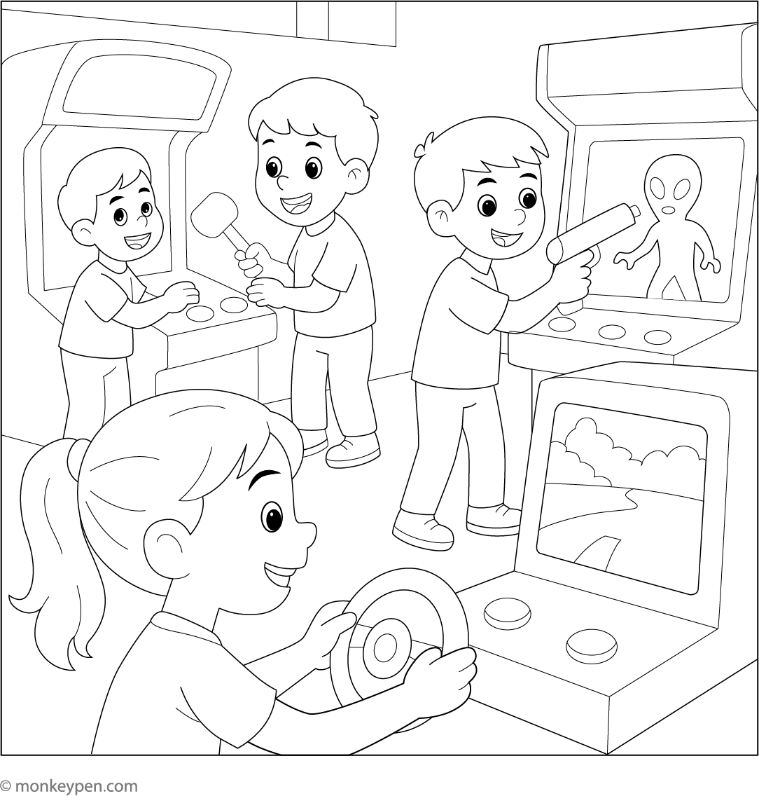 Arcade Game Color Ng Pags Kids Playing Arcade Games | Free Coloring Page PDF