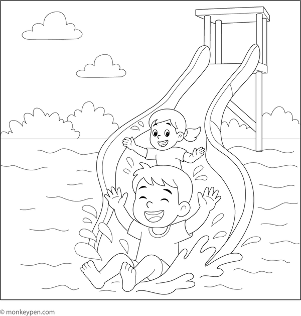  Printable coloring page of children sliding down a water slide, suitable for kids.