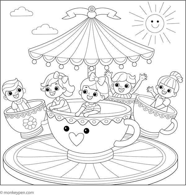 Printable coloring page of spinning teacups at an amusement park, suitable for children.
