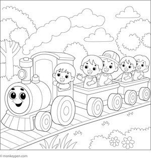  Printable coloring page of children riding a mini train at an amusement park, engaging for kids.
