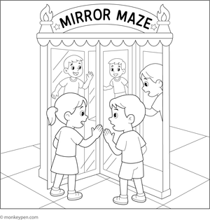  Printable coloring page of children exploring a mirror maze with humorous reflections, suitable for kids.