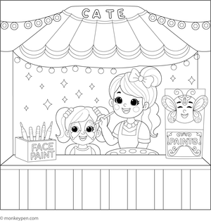  Printable coloring page of a face painting booth at an amusement park, suitable for children.
