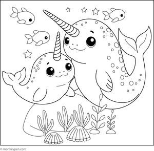  Printable colouring page of a baby narwhal swimming with its mother in an ocean scene suitable for children