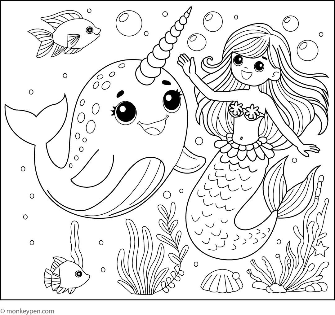 Narwhal and Mermaid | Free Coloring Pages