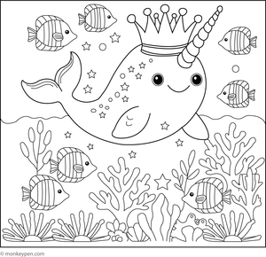 Printable colouring page of a crowned narwhal, representing a regal ocean scene for children