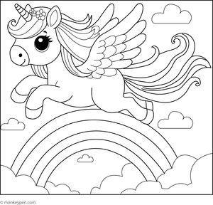 Printable coloring page of a Pegasus flying through a rainbow, ideal for children