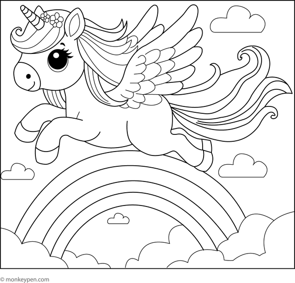Printable coloring page of a Pegasus flying through a rainbow, ideal for children