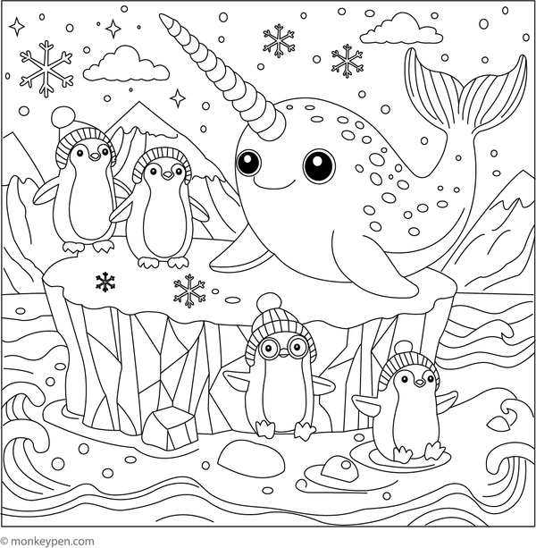 Printable colouring page illustrating a narwhal alongside penguins on floating ice, suitable for children. 