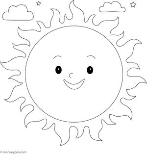 The Sun with solar flares emitting energetic waves, designed for children to colour