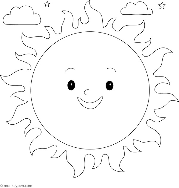 The Sun with solar flares emitting energetic waves, designed for children to colour