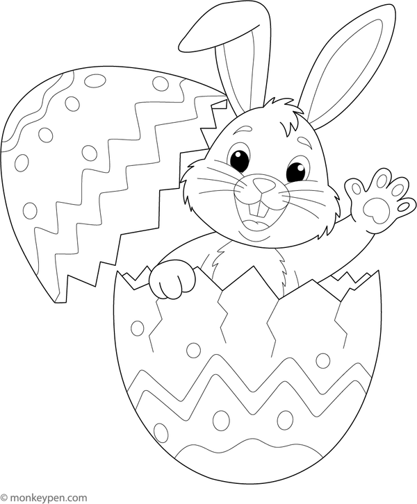 Free printable colouring page of a bunny peeking from a large decorated Easter egg