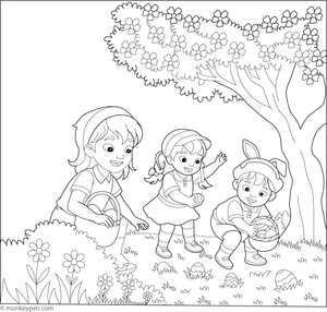Free printable colouring page of children gathering Easter eggs in a garden