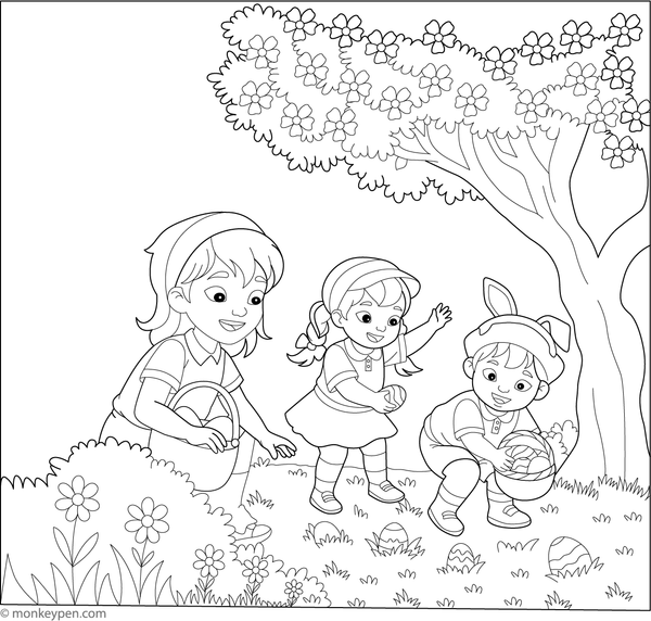 Free printable colouring page of children gathering Easter eggs in a garden